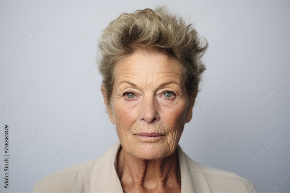 Portrait of senior woman with wrinkles on her face against grey background Portrait of senior woman with wrinkles on her face against grey background