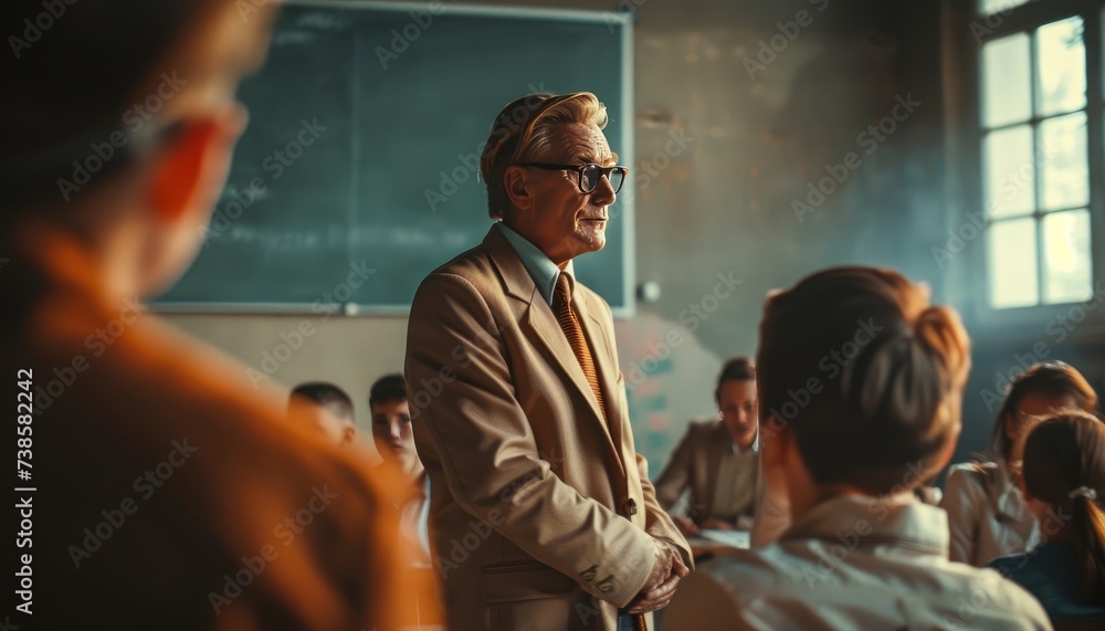 A middle-aged teacher in a school classroom teaching students. American style of teaching. Friendly atmosphere. High quality photo
