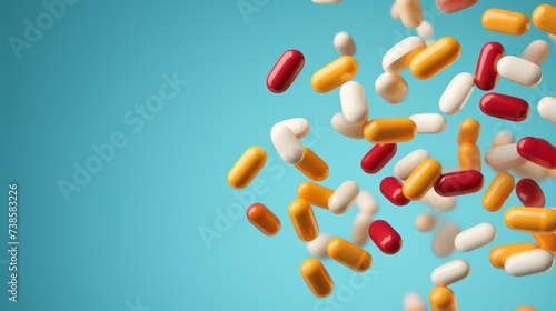Flying multicolored capsules and tablets of different shapes on a blue background with copy space. Healthcare, Medicine, Medicines, Antibiotics, Painkillers, Vitamins, Dietary supplements for health.