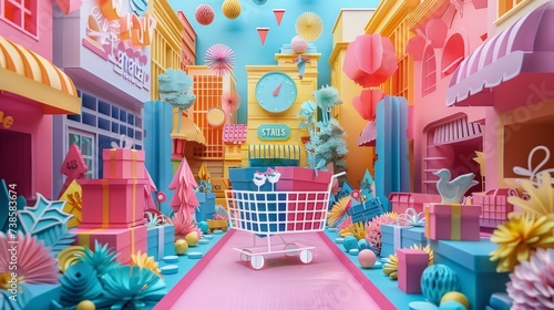 A whimsical 3D candy town landscape with a shopping cart on a vibrant pink road.