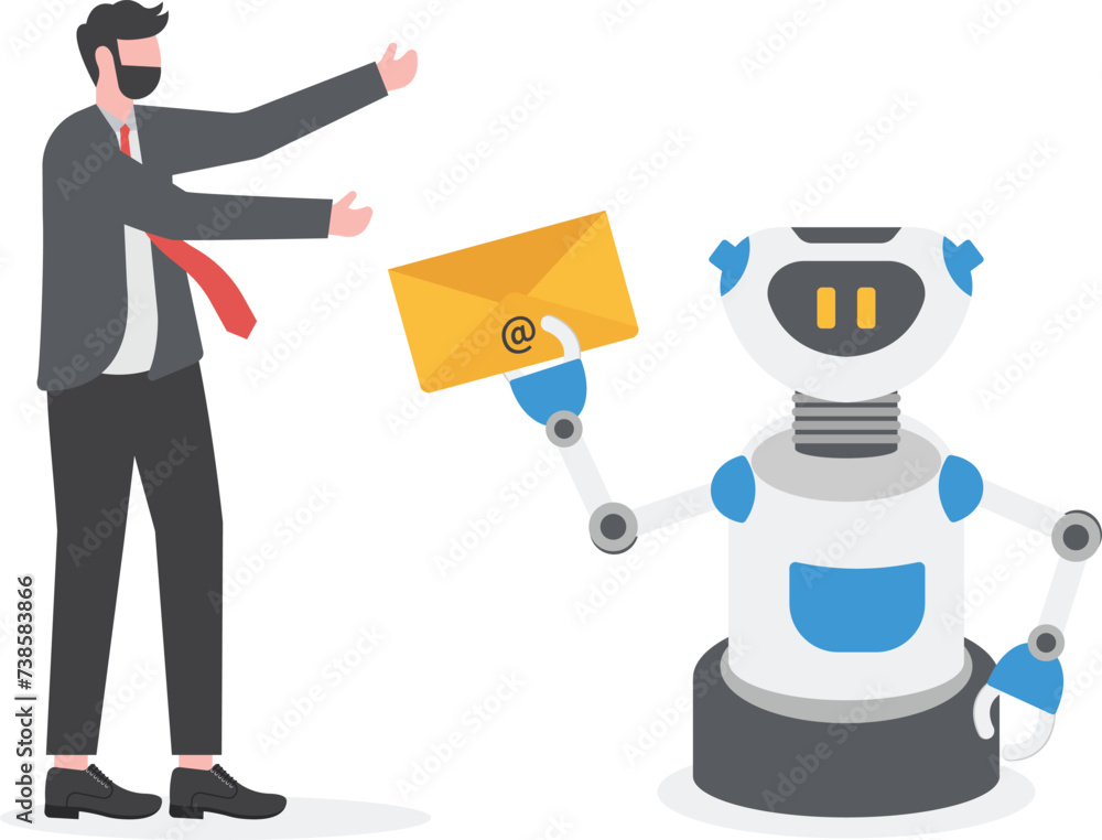 Modern Robot Giving Mail Envelope To Man Icon, Futuristic Artificial Intelligence Mechanism Housekeeping Technology Flat Vector Illustration

