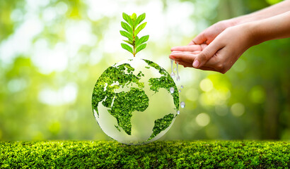environment Earth Day In the hands of trees growing seedlings. Bokeh green Background Female hand holding tree on nature field grass Forest conservation concept