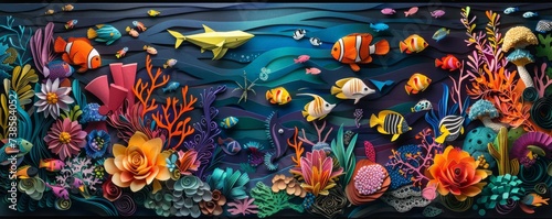 Colorful and vibrant paper art showcasing an underwater scene with various fish and coral formations.