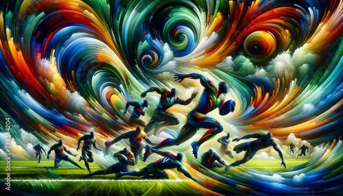 Imagine an abstract colorful representation of a figures of rugby players in the game’s dynamic scene