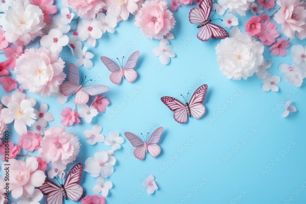 fresh cherry blossom and butterfly on blue background with copy space fresh cherry blossom and butterfly on blue background with copy space