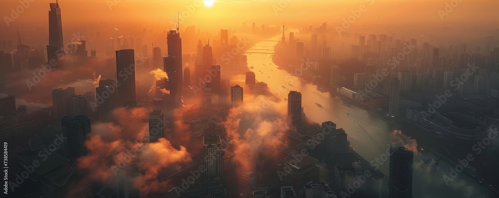 The city skyline enveloped in a golden fog at sunrise, depicting urban beauty amidst nature's phenomenon.