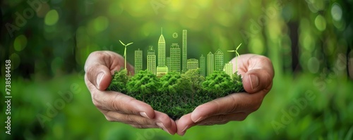 Conceptual image of a green sustainable city held in hands, representing eco-friendly urban planning and development.