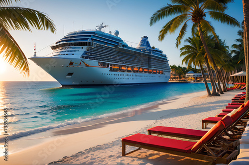 A cruise ship standing by the shore, on the shore of palm trees, sun loungers, beautiful buildings.