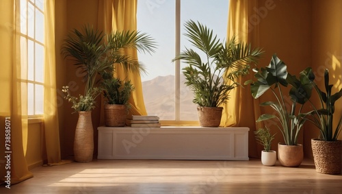 Mustard color gradient studio background for product presentation. Empty room with shadows of window and flowers and palm leaves. 3D room with copy space. Summer concert. Blurred backdrop.  © xKas