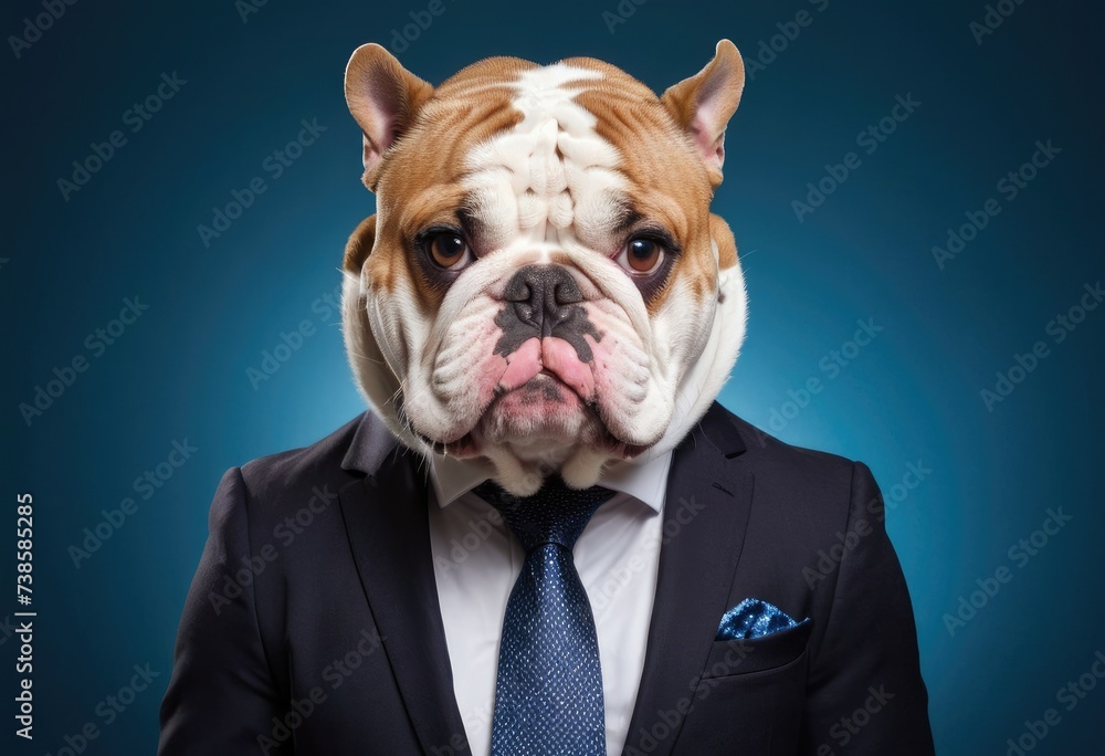 Bulldog in a suit over blue