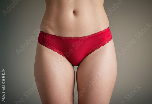 Body of young woman in red panties standing in bedroom