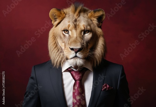 Lion in a suit over dark red background