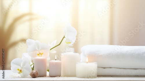 Spa setting with white orchids and candles on light background