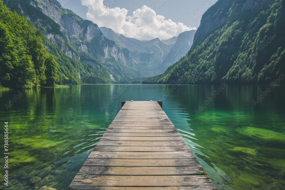 A wooden pier on a lake among the mountains and against the backdrop of a forest, a reflection of the surrounding landscape in the water. The concept of development of tourism, travel, recreation. A wooden pier on a lake among the mountains and against the backdrop of a forest, a reflection of the surrounding landscape in the water. The concept of development of tourism, travel, recreation.