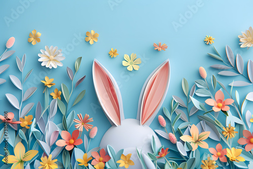 Easter greeting card with bunny ears and flowers on background.	