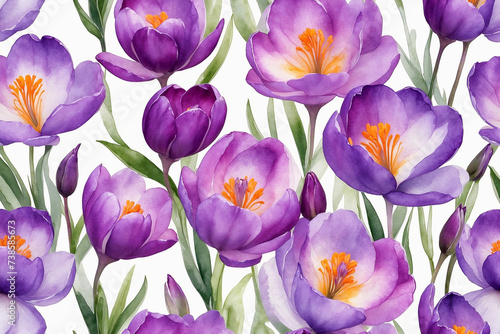 watercolor floral background, crocuses, isolated, on a clear white background, perfect composition, high detail,