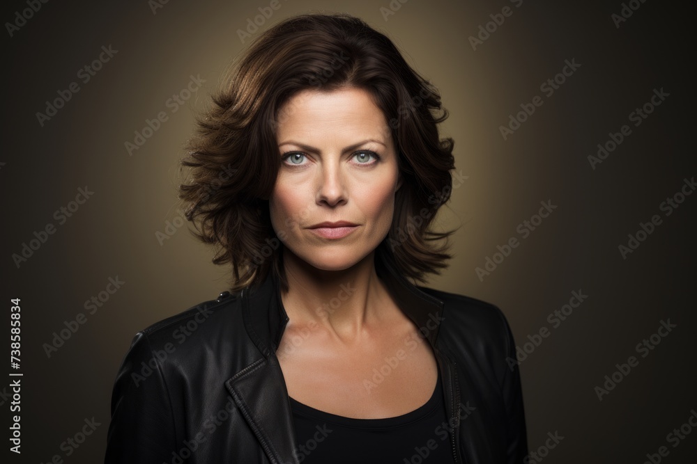Portrait of a beautiful woman in leather jacket on a dark background