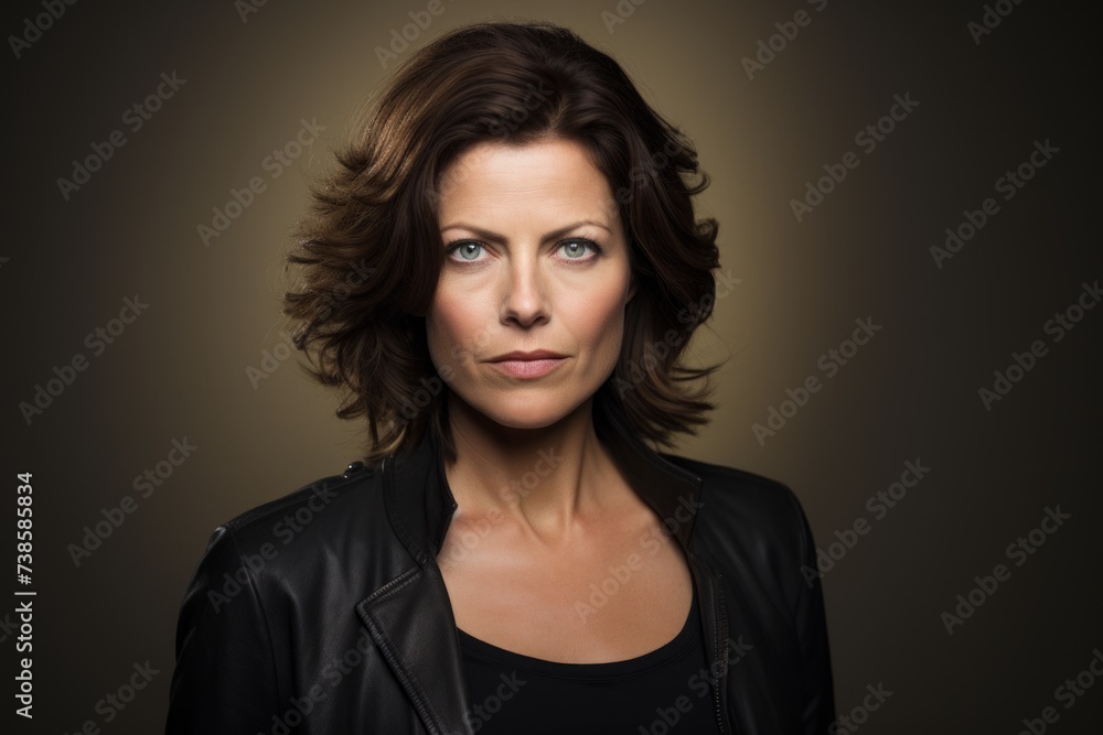 Portrait of a beautiful woman in leather jacket on a dark background Portrait of a beautiful woman in leather jacket on a dark background