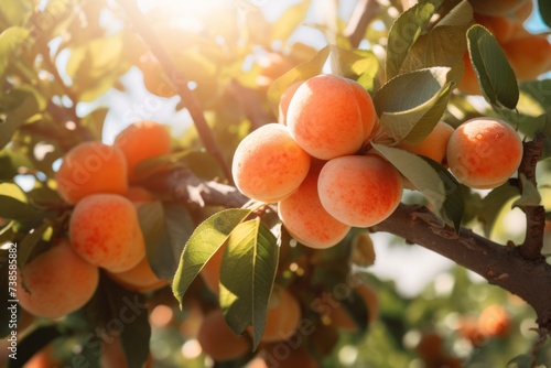 Harvest of ripe peaches on a tree in the sun. Concept of organic healthy food and non-GMO fruits.
