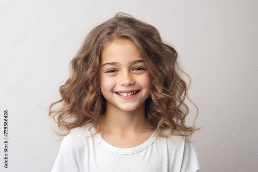 Portrait of a cute little girl with long curly hair over grey background Portrait of a cute little girl with long curly hair over grey background