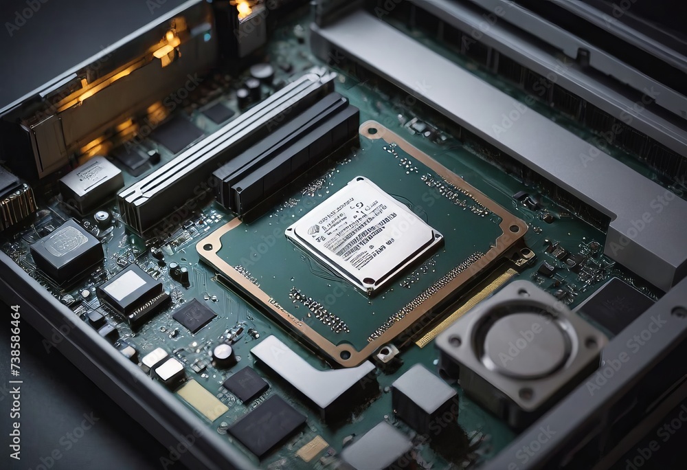 Modern CPU processor installed on a brand new motherboard, object detail, extreme closeup, nobody. Modern CPU processor installed on a brand new motherboard, object detail, extreme closeup, nobody.