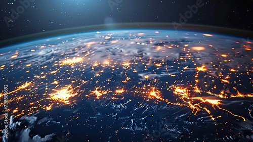 This image captures the Earth from space, highlighting the illuminated network of connectivity across continents, symbolizing global communication and interactivity. 