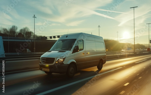 Delivery van on urban highway, professional short haul industry concept, fast delivery
