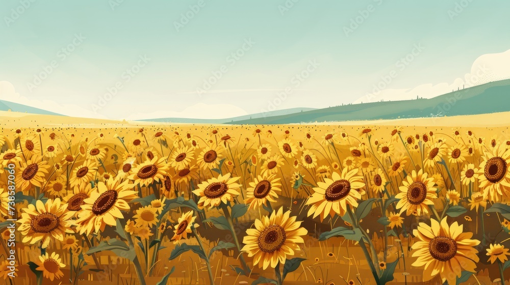 sunrise over a field of sunflowers, early morning light, clear sky, large sunflowers
