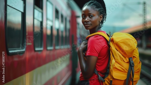 young woman traveler with backpack traveling by train and looking at camera photo