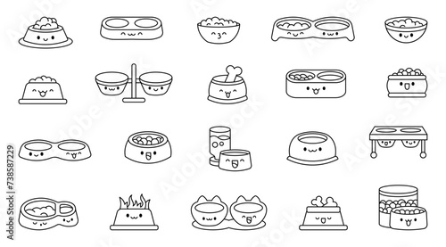 Pets bowl with happy face. Coloring Page. Food for cats and dogs.Cartoon kawaii character. Hand drawn style. Vector drawing. Collection of design elements.