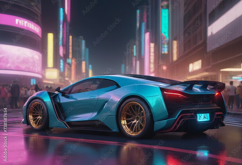 Tuned Sport Car , cyberpunk Retro Sports Car On Neon Highway. Powerful acceleration of a supercar on a night track with colorful lights and trails
