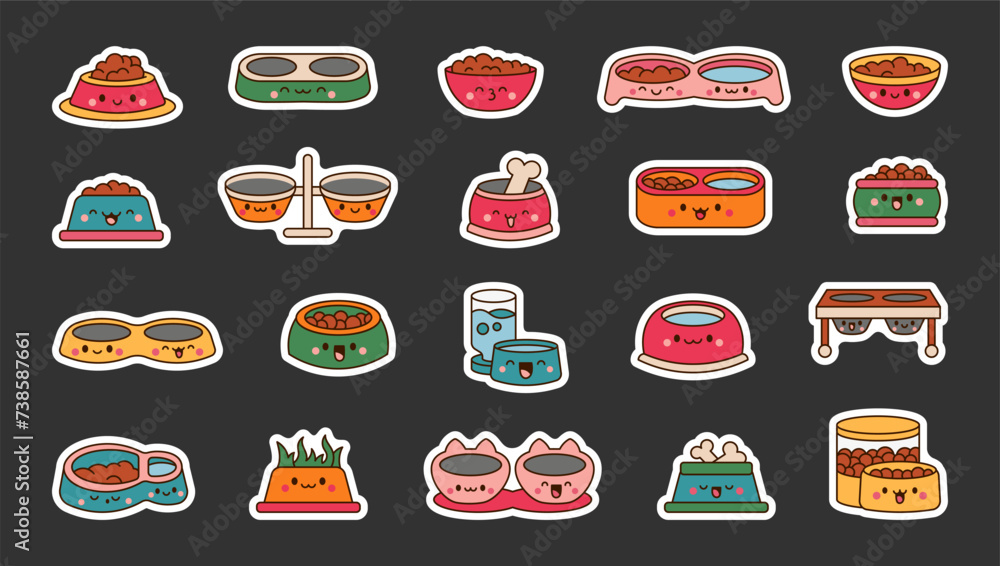 Pets bowl with happy face. Sticker Bookmark. Food for cats and dogs.Cartoon kawaii character. Hand drawn style. Vector drawing. Collection of design elements. Pets bowl with happy face. Sticker Bookmark. Food for cats and dogs.Cartoon kawaii character. Hand drawn style. Vector drawing. Collection of design elements.