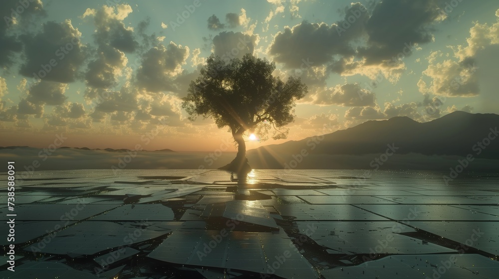 The tree grew through the solar panels covering the ground. Ecology and technology concept.
