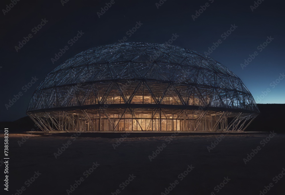 Obraz premium The conceptual banner of the Smart Home technology. Illustration of a glass house in blue tones on a dark evening