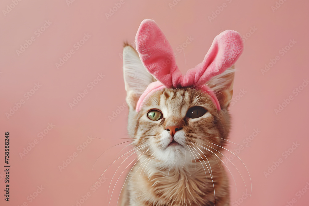 Funny cute cat wearing bunny ears headband celebrating with Happy Easter day on background.