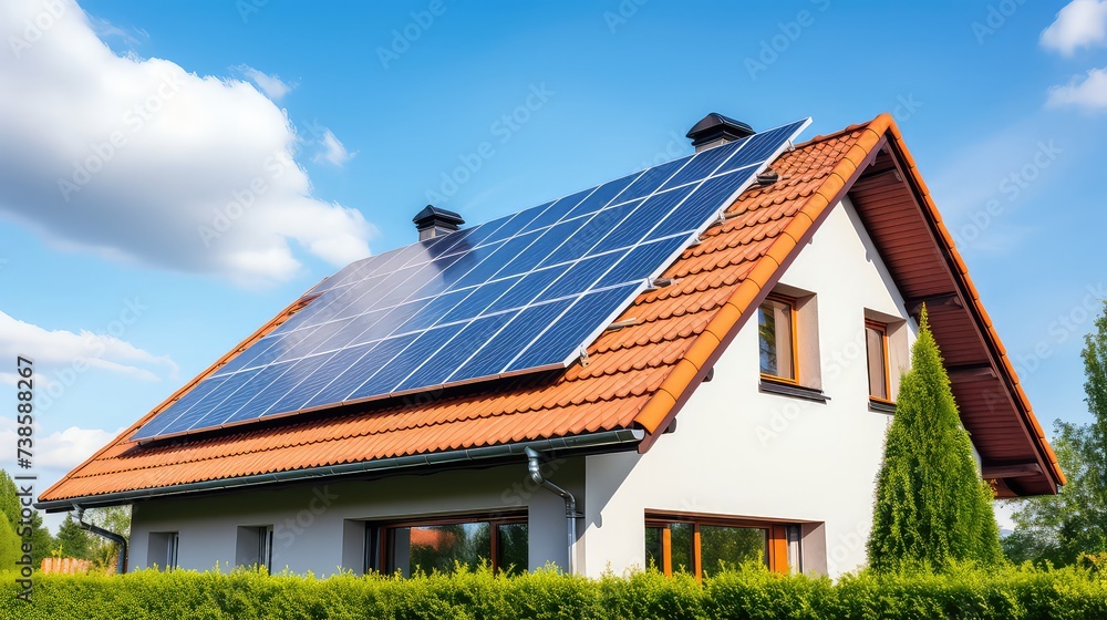 Solar panels installed on the roof of a house. Alternative energy source.
