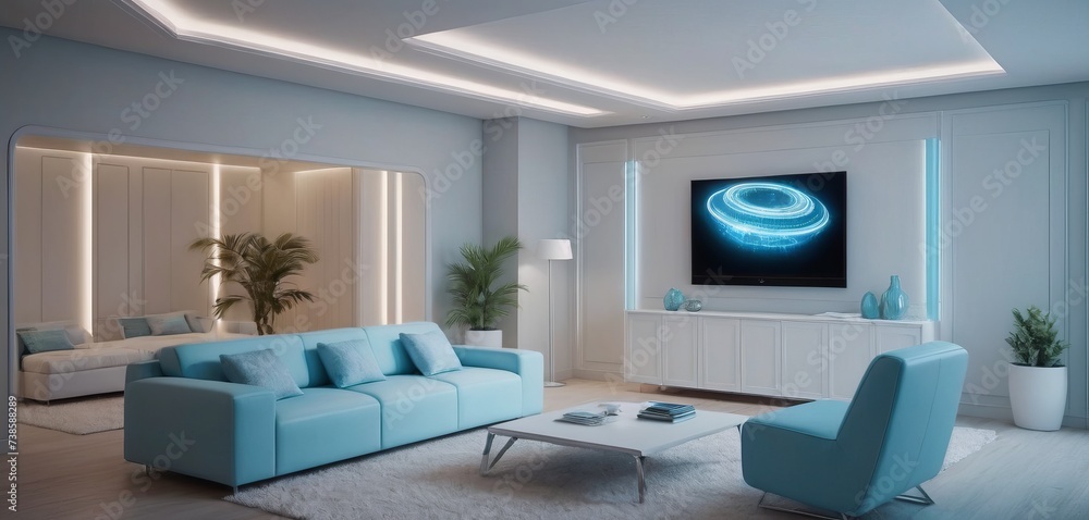 Fototapeta premium The interior of a bright room, light furniture with neon inserts, the concept of the future.