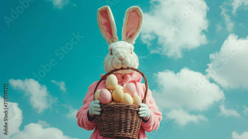 A woman dressed as a bunny with a basket of eggs in her hands. Easter spring day