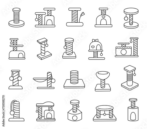 Scratching post for home cats. Coloring Page. Kitty houses and furniture. Veterinary shop merchandise. Hand drawn style. Vector drawing. Collection of design elements.