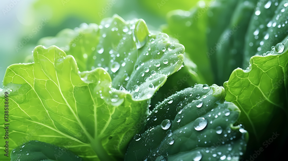 Macro view of dew drops on vibrant green leaves Macro view of dew drops on vibrant green leaves