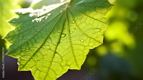 Macro view of dew drops on vibrant green leaves