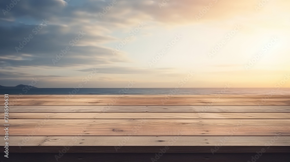 Empty wooden table top on blurred sea and sky background. For product display