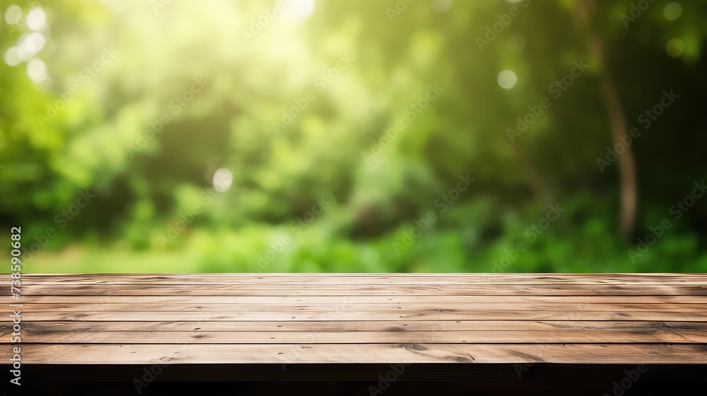 Wooden table top on blur green forest background Wooden table top on blur green forest background