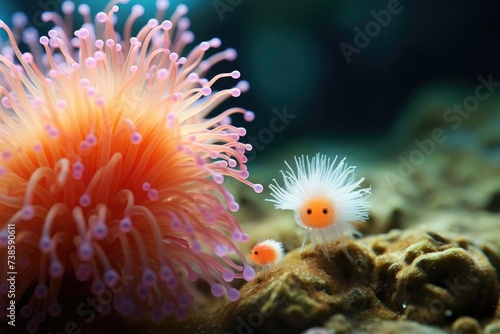 An orange and white sea anemone and a small white fish. Generative AI.