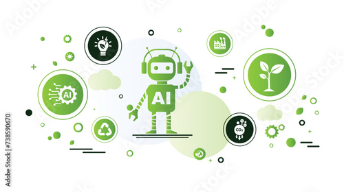 The Concept of AI, Artificial Intelligence and Green Technology For Sustainability Development. Ecology Icons, Environment Vector, Eco Friendly and Green Economy. Flat Doodle Template Design. photo