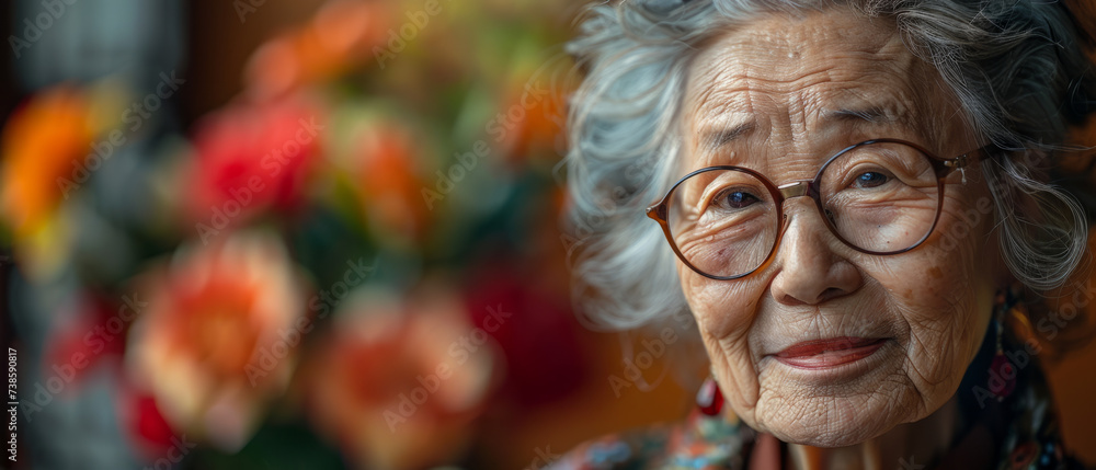 Portrait of an elderly Asian woman with a warm smile, standing in front of a colorful bouquet of flowers. Senior wellness and joy concept. Design for poster, healthcare brochure, and senior services Portrait of an elderly Asian woman with a warm smile, standing in front of a colorful bouquet of flowers. Senior wellness and joy concept. Design for poster, healthcare brochure, and senior services