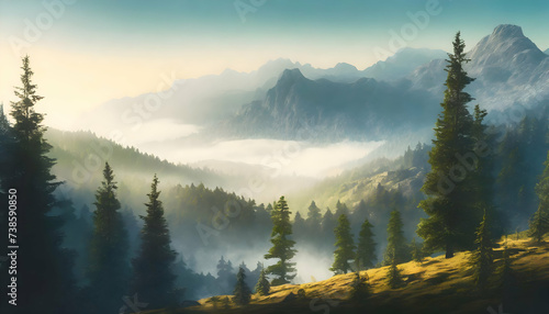 Beautiful Misty landscape with fir forest in hipster vintage retro style on digital art concept.