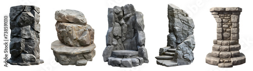 Collection set of large tall big hard rock boulder stone podium stage display with steps on transparent background cutout, PNG file. Many different design. Mockup template artwork graphic photo