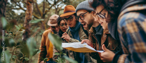 Group of friends exploring a forest with a map. Outdoor photography with focus on adventure and teamwork. Nature and hiking concept photo