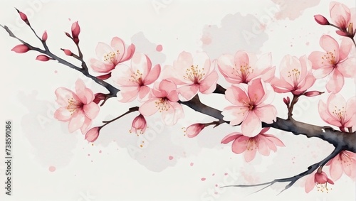 Cherry blossom vector. Minimal sakura art with watercolor brush and golden line art texture. Abstract art wallpaper for prints, Art Decoration, wall arts, and canvas prints. 